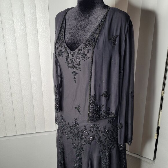 Scala Black Silk Beaded Evening Dress with Sheer Jacket – Size 16 - Picture 2 of 16